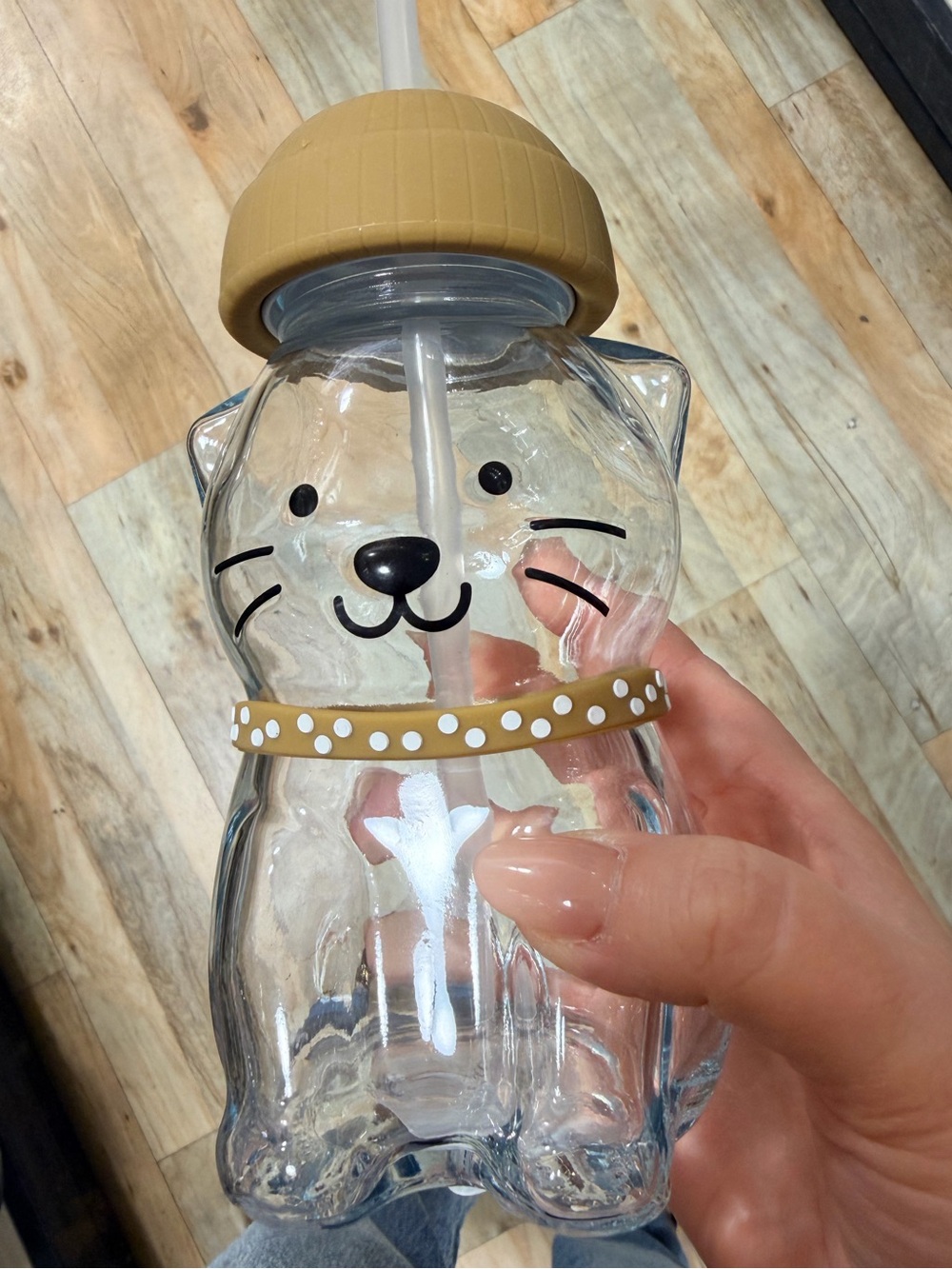 Glass Clear Cat Sipper Bottle with Tan Lid and Collar